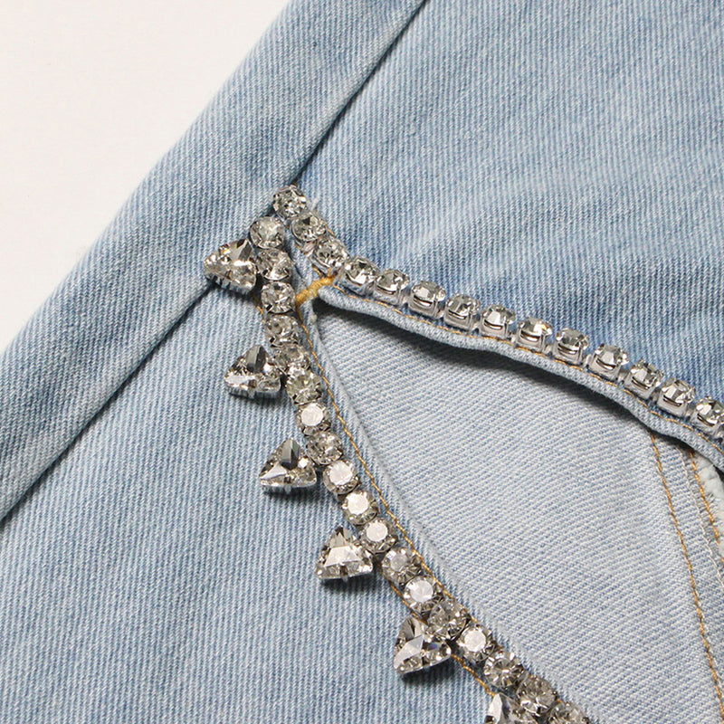 Stylish Crystal Embellished Cutout High Waist Straight Leg Denim Jeans
