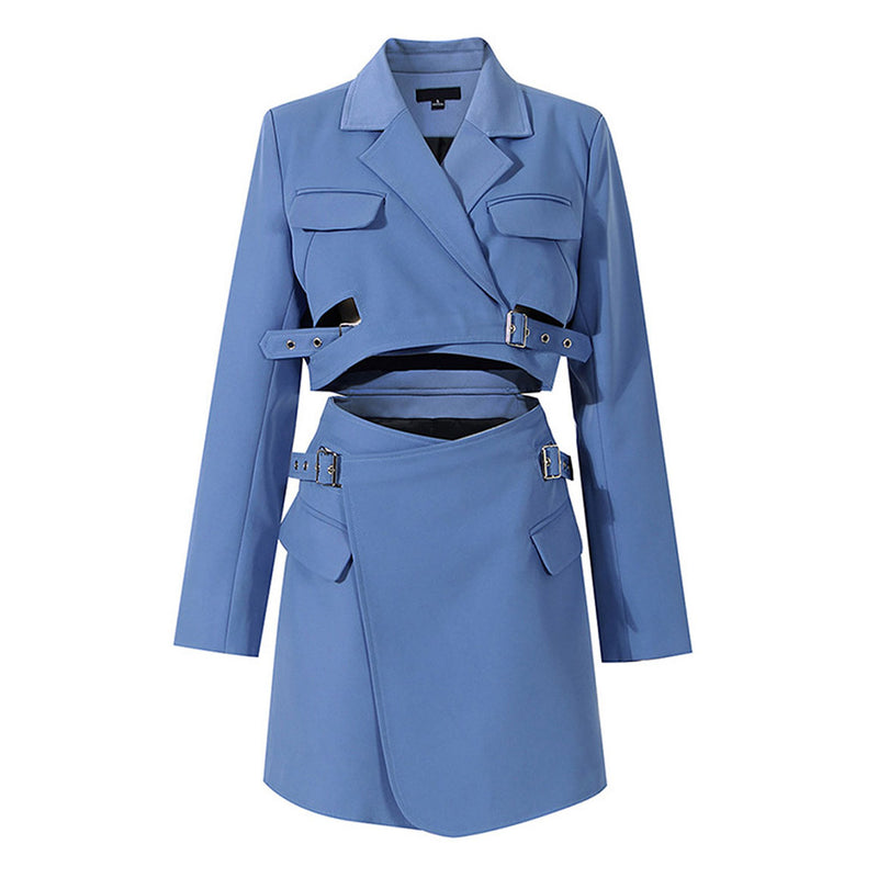 Stylish Lapel Collar Wrapped Strappy Belted Cut Out Mini Blazer Dress