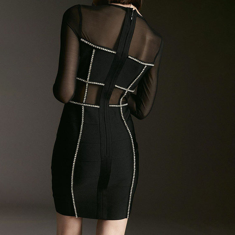 Stylish Rhinestone Embellished Sheer Mesh Panel Long Sleeve Bandage Mini Party Dress