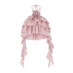 Sweet Floral Corsage Detail Draped Halter Neck Tiered Ruffle Crop Top
