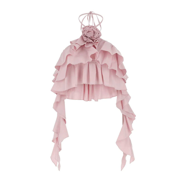 Sweet Floral Corsage Detail Draped Halter Neck Tiered Ruffle Crop Top