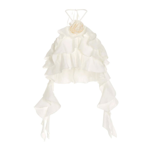 Sweet Floral Corsage Detail Draped Halter Neck Tiered Ruffle Crop Top