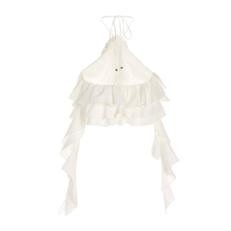Sweet Floral Corsage Detail Draped Halter Neck Tiered Ruffle Crop Top