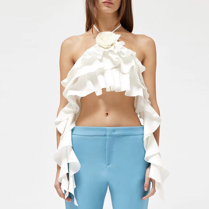 Sweet Floral Corsage Detail Draped Halter Neck Tiered Ruffle Crop Top