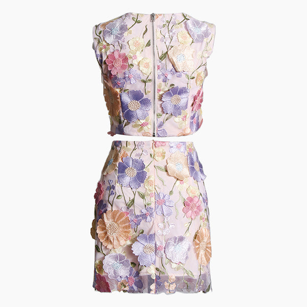Sweet Floral Embroidery Applique Sleeveless High Waist Skirt Matching Set
