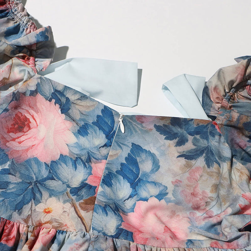 Sweet Floral Print Square Neck Puff Sleeve Ruffle Flared Bow Trim Mini Dress