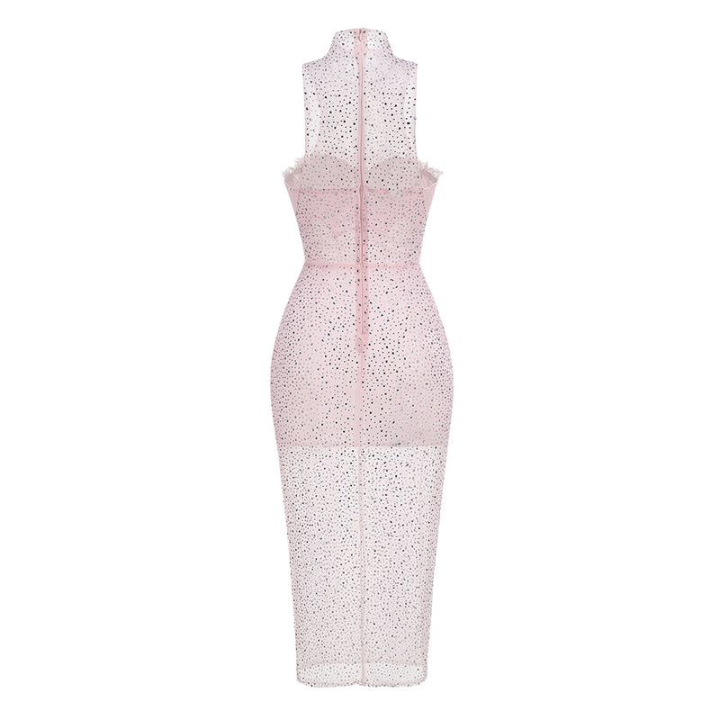 Sweet High Neck Bustier Sleeveless Sheer Rhinestone Mesh Midi Dress