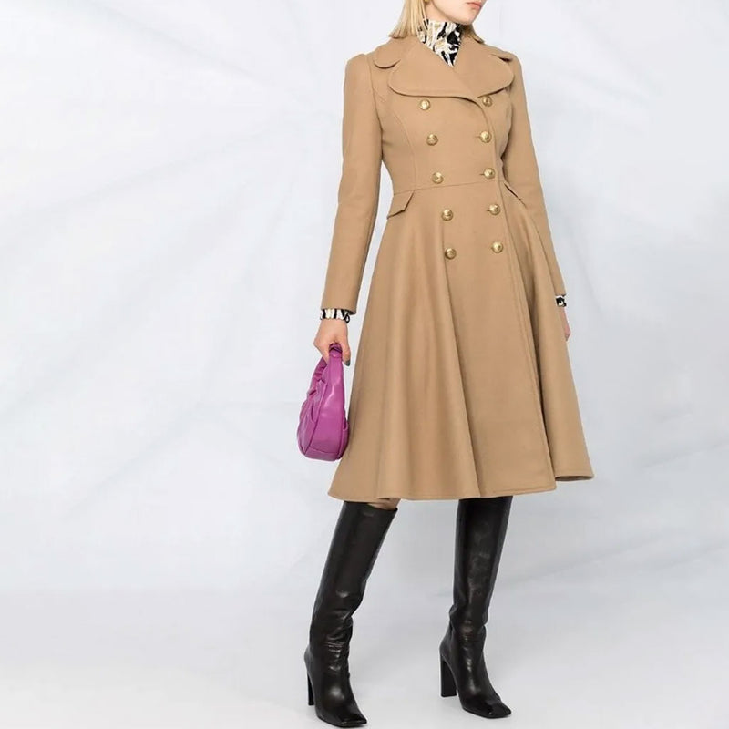 Sweet Notched Lapel Double Breasted Fit and Flare Long Sleeve Wool Blend Coat