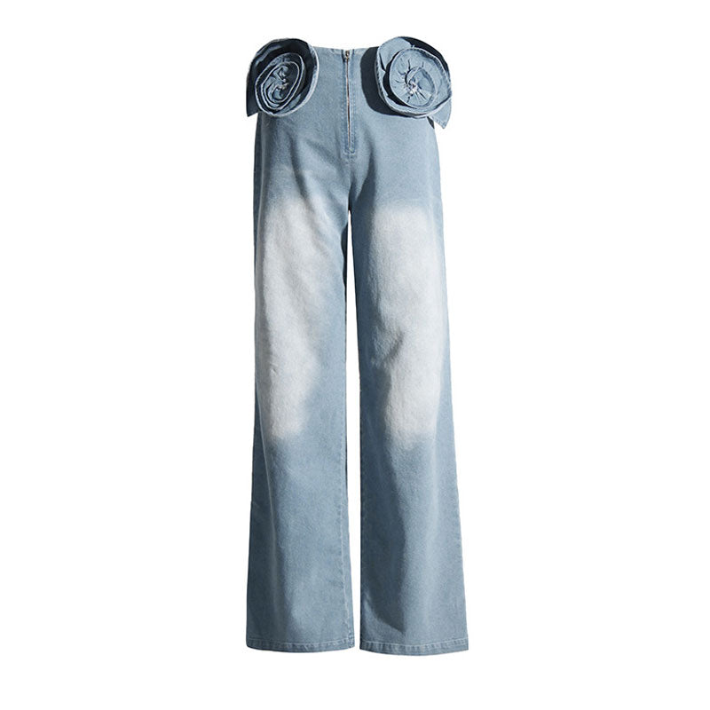 Swirling Rosette Applique High Waist Zip Front Faded Denim Straight Leg Jeans