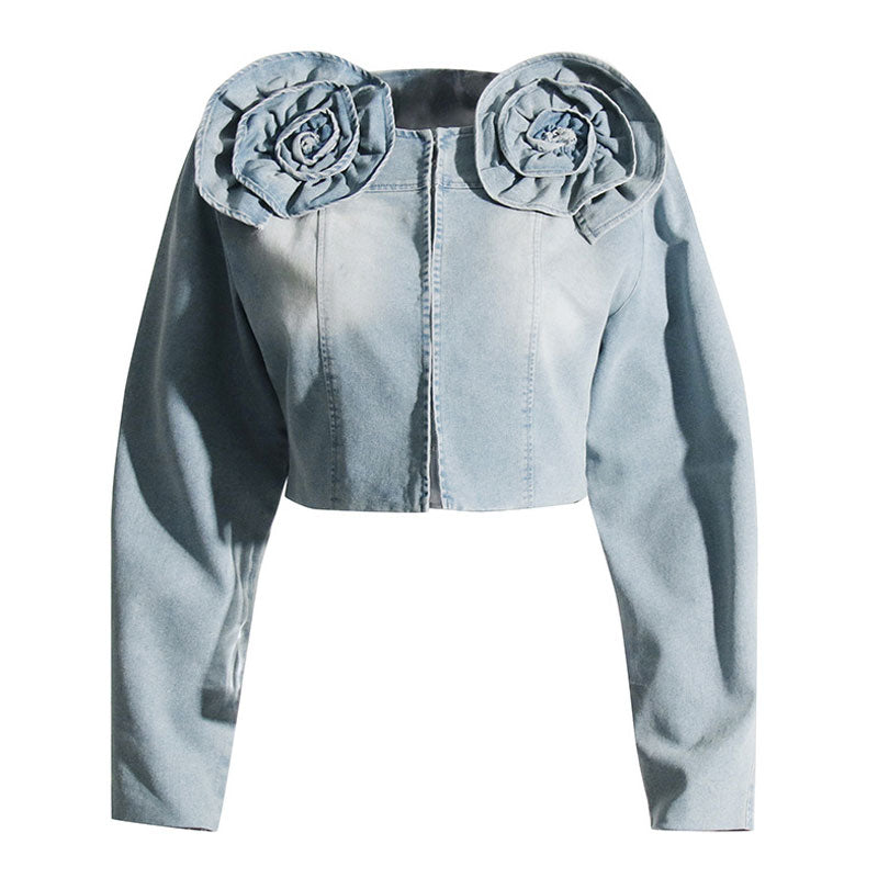 Swirling Rosette Applique Long Sleeve Zip Front Faded Cropped Denim Jacket