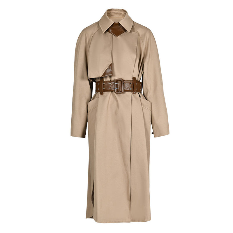 Tasteful Scarf Collared Long Sleeve Belted Cargo Pocket Leather