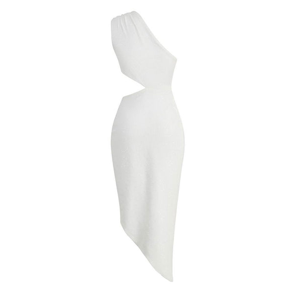 Textured Sequin Metal Decor One Shoulder Cutout Ruched Slit Midi Cocktail Dress