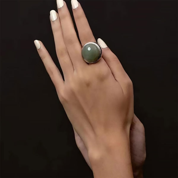 THE HOURS Quiet Luxury Oral Emerald Jade Rhodium Plated Band Ring