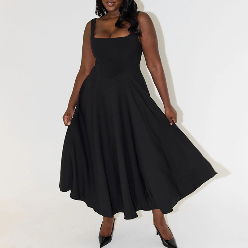 Trendy Square Neck Sleeveless Drop Waist Fit and Flare Midi Cocktail Dress