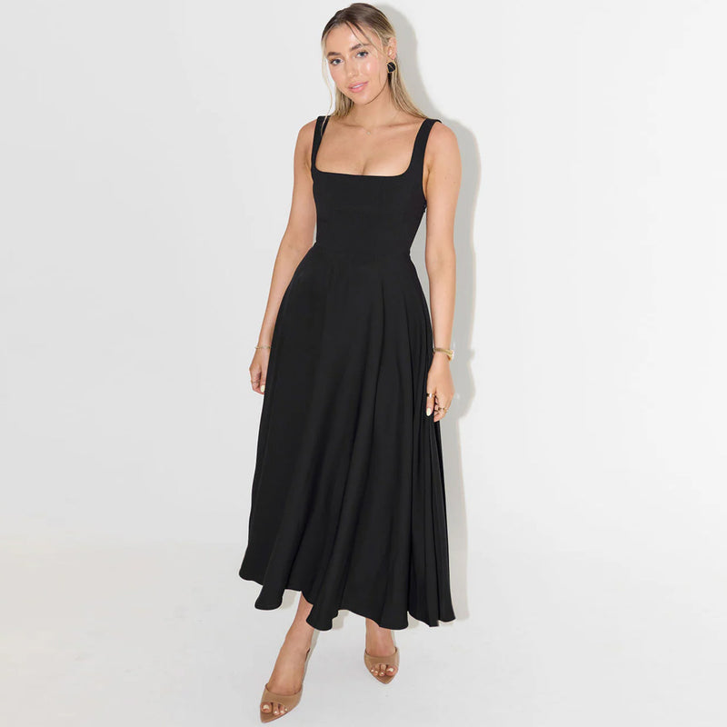 Trendy Square Neck Sleeveless Drop Waist Fit and Flare Midi Cocktail Dress
