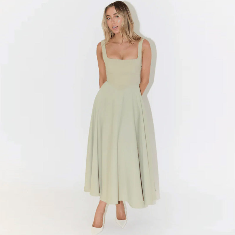 Trendy Square Neck Sleeveless Drop Waist Fit and Flare Midi Cocktail Dress
