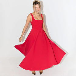 Trendy Square Neck Sleeveless Drop Waist Fit and Flare Midi Cocktail Dress