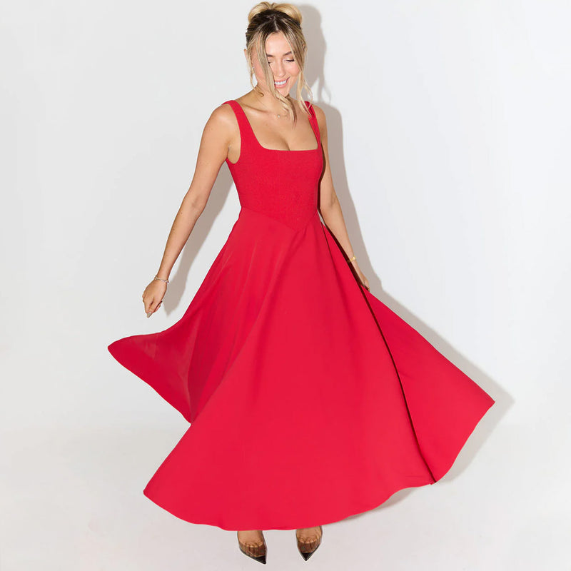 Trendy Square Neck Sleeveless Drop Waist Fit and Flare Midi Cocktail Dress