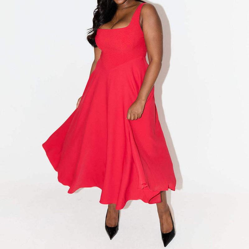 Trendy Square Neck Sleeveless Drop Waist Fit and Flare Midi Cocktail Dress
