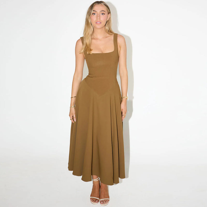Trendy Square Neck Sleeveless Drop Waist Fit and Flare Midi Cocktail Dress