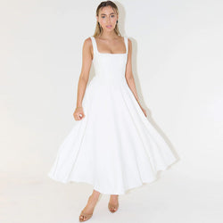 Trendy Square Neck Sleeveless Drop Waist Fit and Flare Midi Cocktail Dress