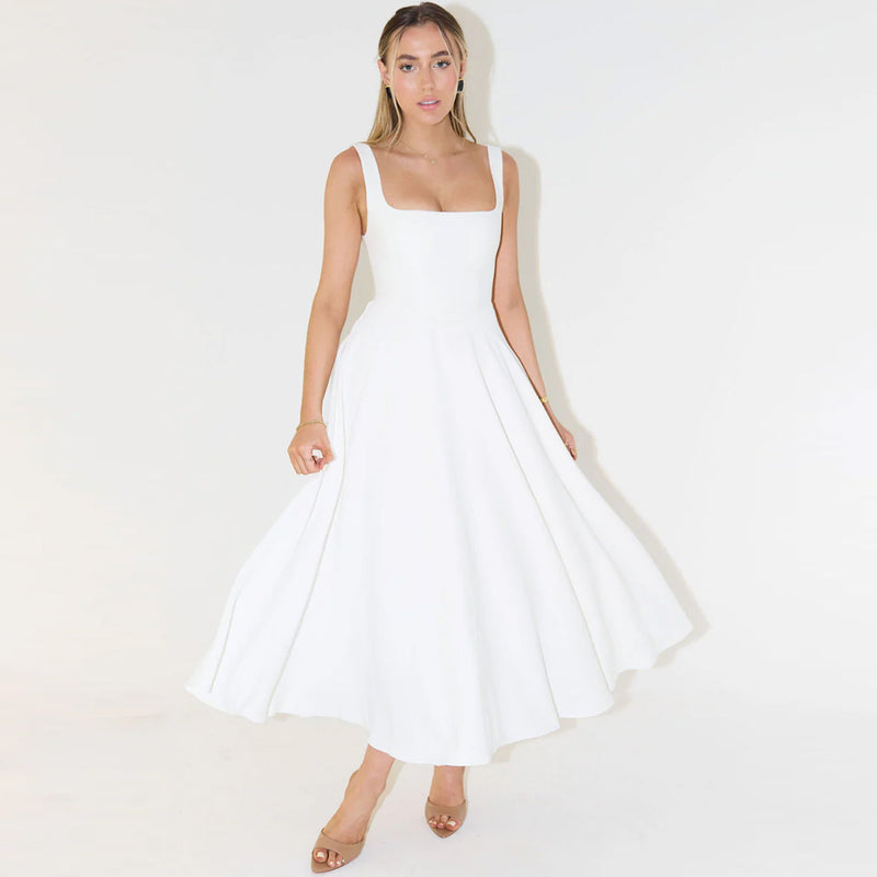Trendy Square Neck Sleeveless Drop Waist Fit and Flare Midi Cocktail Dress