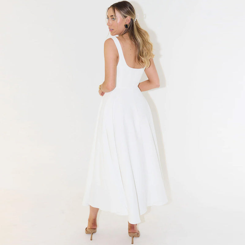Trendy Square Neck Sleeveless Drop Waist Fit and Flare Midi Cocktail Dress