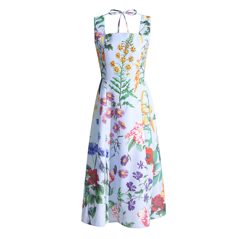 Tropical Crystal Studded Floral Print Tie Back Square Neck Fit and Flare Midi Sundress