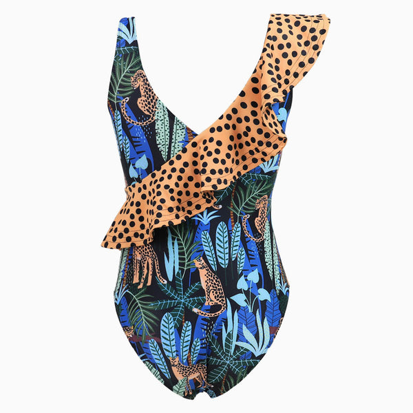Tropical Leaf Moderate Polka Dot Print Ruffle V Neck One Piece Swimsuit