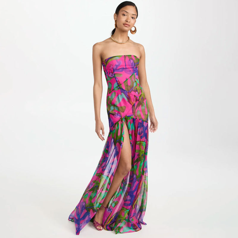 Tropical Leaf Print Drop Waist Split Thigh Sheer Ruffle Strapless Maxi Evening Dress