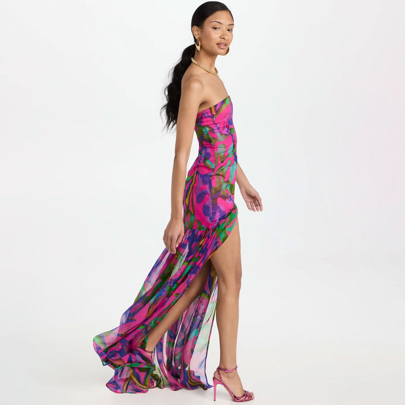 Tropical Leaf Print Drop Waist Split Thigh Sheer Ruffle Strapless Maxi Evening Dress