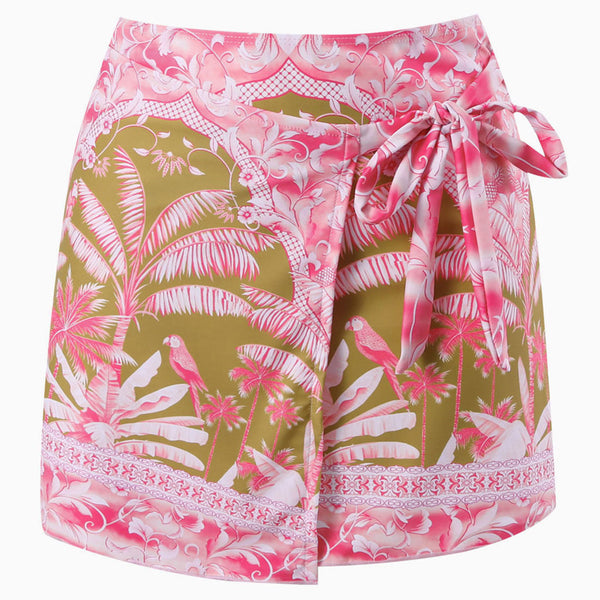 Tropical Palm Leaf Print High Waist Bow Tie Wrap Mini Sarong Cover Up