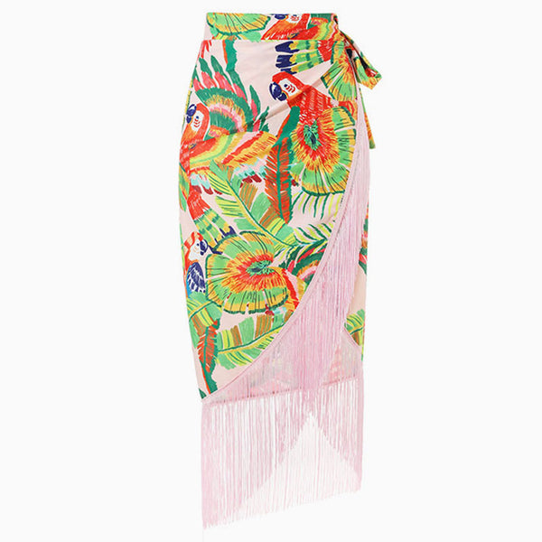 Tropical Parrot Palm Leaf Print High Waist Bow Tie Wrap Fringe Sarong Cover Up