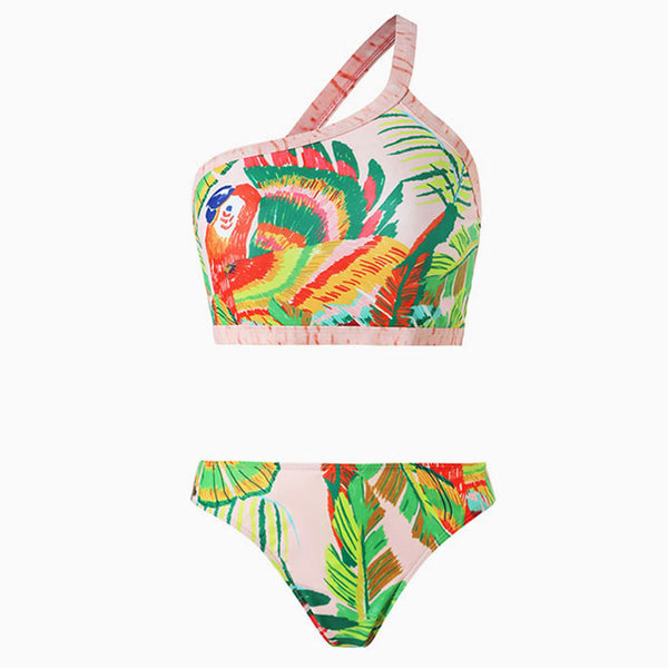 Tropical Parrot Palm Leaf Print Low Rise Cheeky Crop One Shoulder Bikini Set