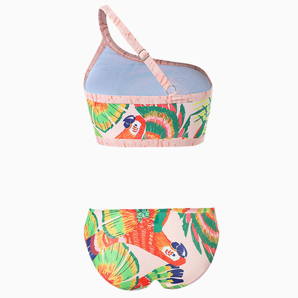 Tropical Parrot Palm Leaf Print Low Rise Cheeky Crop One Shoulder Bikini Set