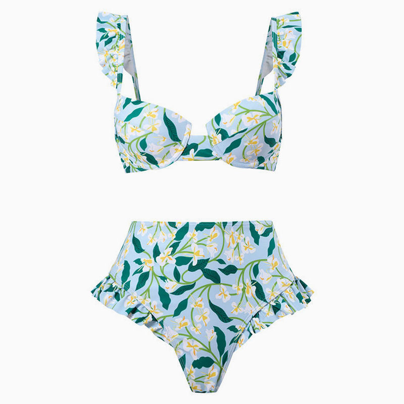 Tropical Print Mid Waist Cheeky Ruffled Push Up Underwire Bralette Bikini Set