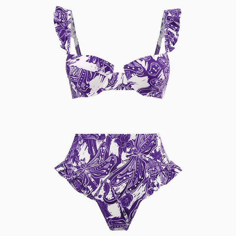 Tropical Print Mid Waist Cheeky Ruffled Push Up Underwire Bralette Bikini Set