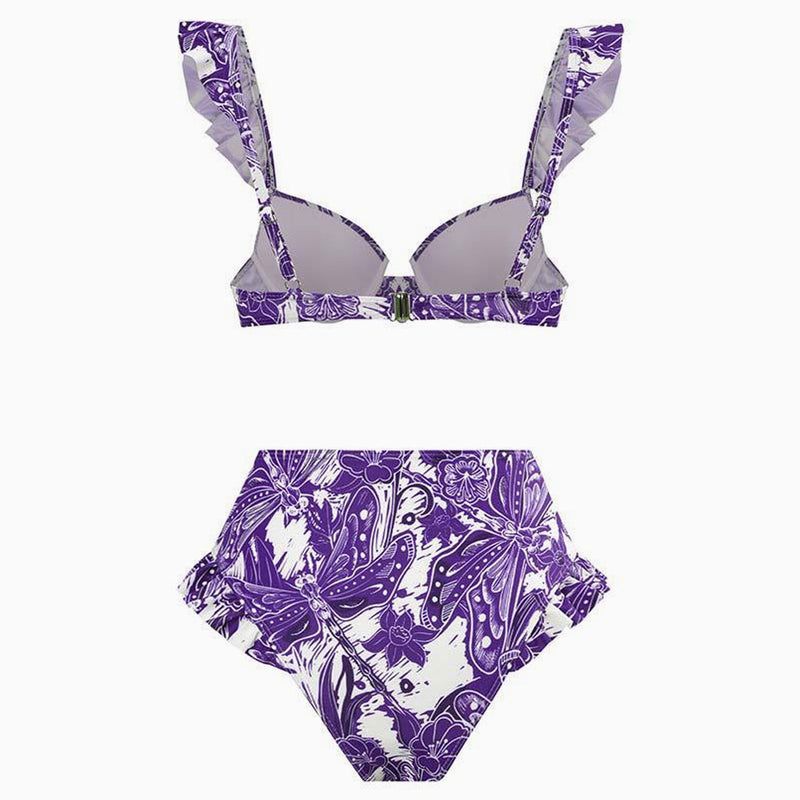 Tropical Print Mid Waist Cheeky Ruffled Push Up Underwire Bralette Bikini Set
