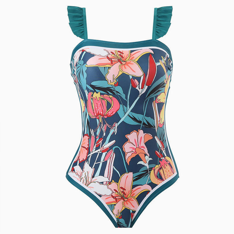 Tropical Print Moderate Ruffled Strap Square Neck One Piece Swimsuit
