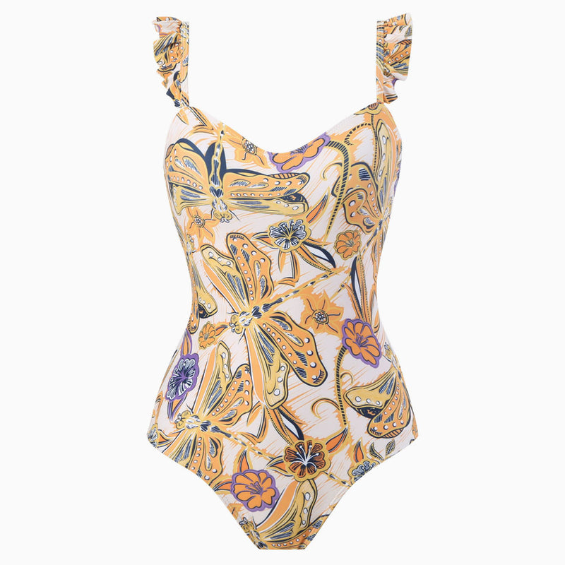 Tropical Print Moderate Ruffled Strap Square Neck One Piece Swimsuit