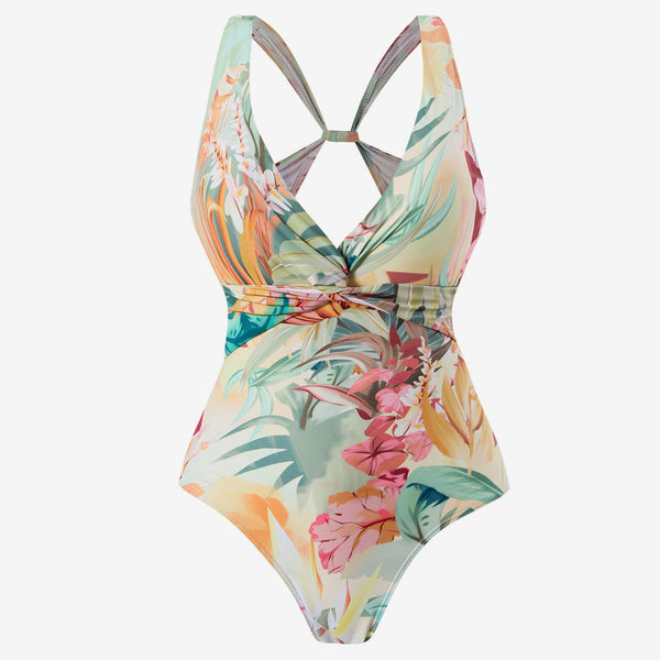 Tropical Print Moderate Twist Knot Cutout Back V Neck One Piece Swimsuit