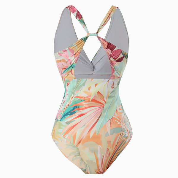 Tropical Print Moderate Twist Knot Cutout Back V Neck One Piece Swimsuit