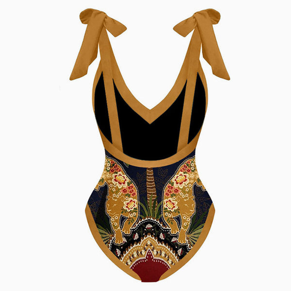 Tropical Tiger Print Moderate Bow Tie Strap V Neck One Piece Swimsuit