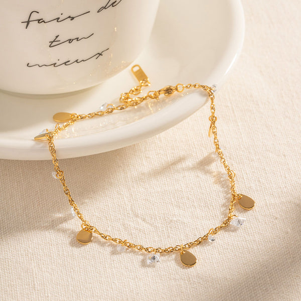Two Tone 18K Gold Plated Crystal & Drop Shape Charm Cable Chain Anklet