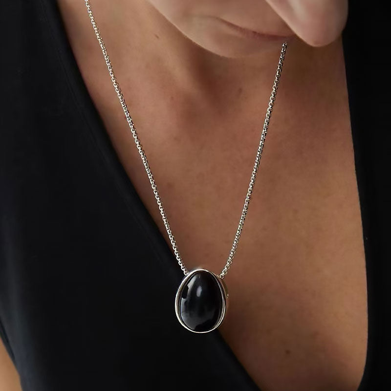Two Tone Onyx Pebble Pendant Sterling Silver Plated Box Chain Necklace