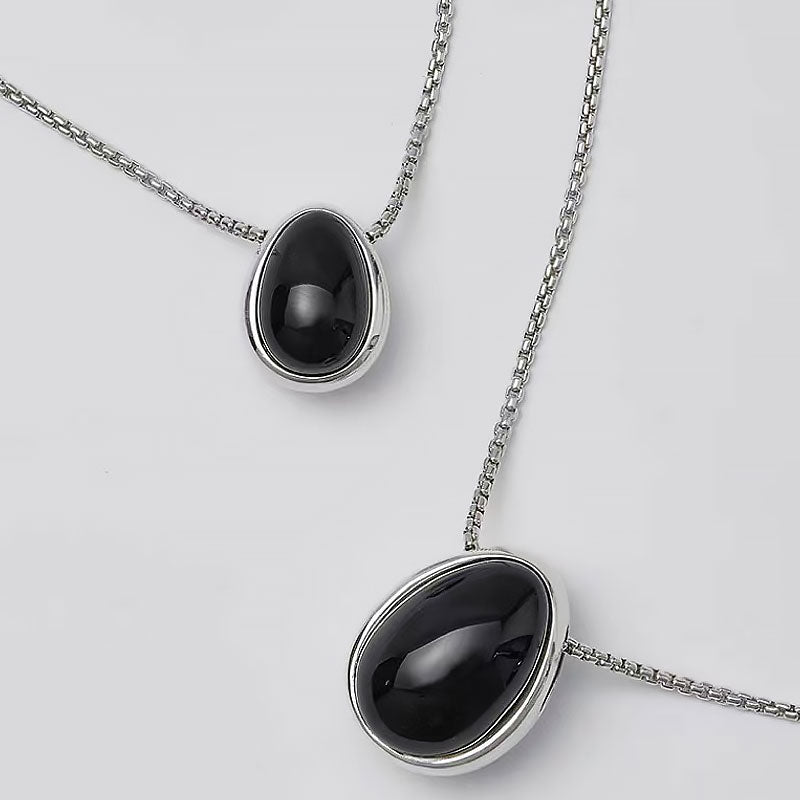 Two Tone Onyx Pebble Pendant Sterling Silver Plated Box Chain Necklace