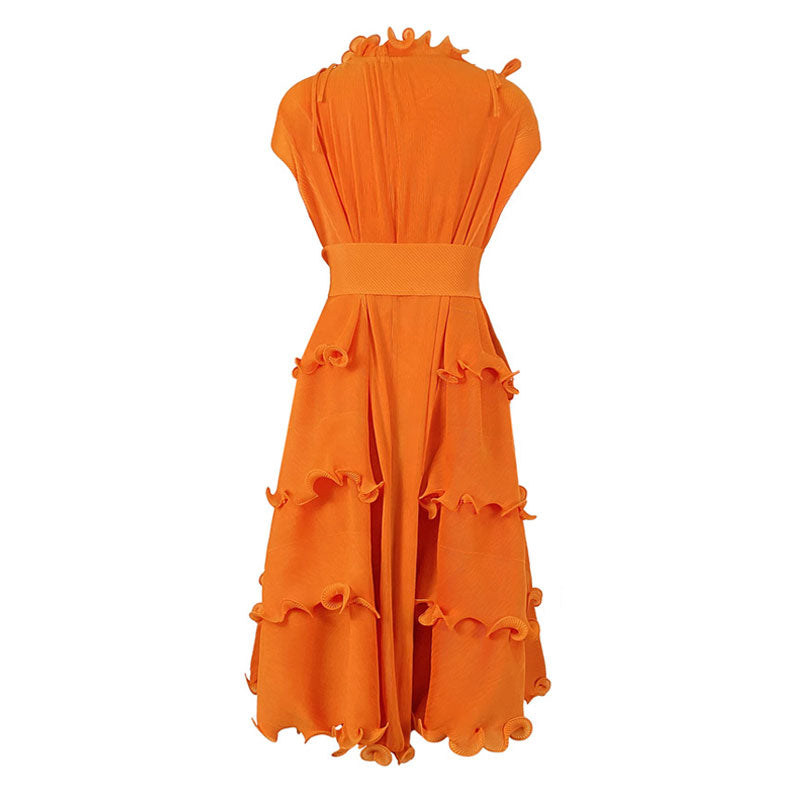 Unique Drawstring Ruffled Mock Neck Self Tie Belted Pleated Midi Dress