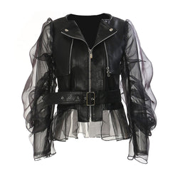 Unique Mesh Panel Puff Sleeve Zip Up Belted Vegan Leather Jacket