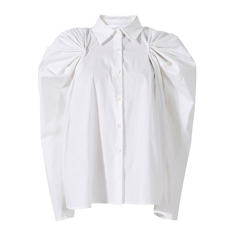 Unique Pleated Detail Puff Sleeve Collared Button Up Blouse