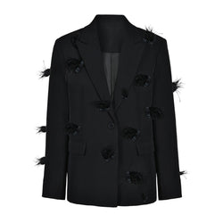 Upscale Feathery Gem Corsage Lapel Collar Single Breasted Long Sleeve Blazer
